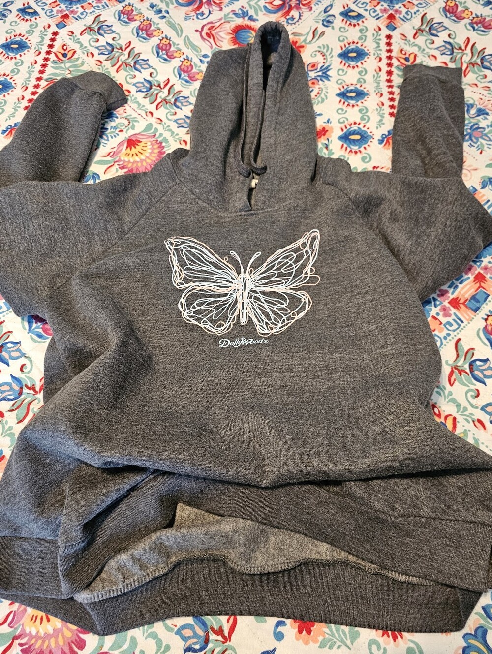 Dollywood MV Sport Vintage Fleece Charcoal Grey Butterfly Embroidered Hoodie XL